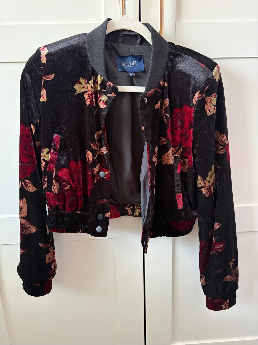 Rachel Black Velvet Bomber Jacket with Red Rose Print